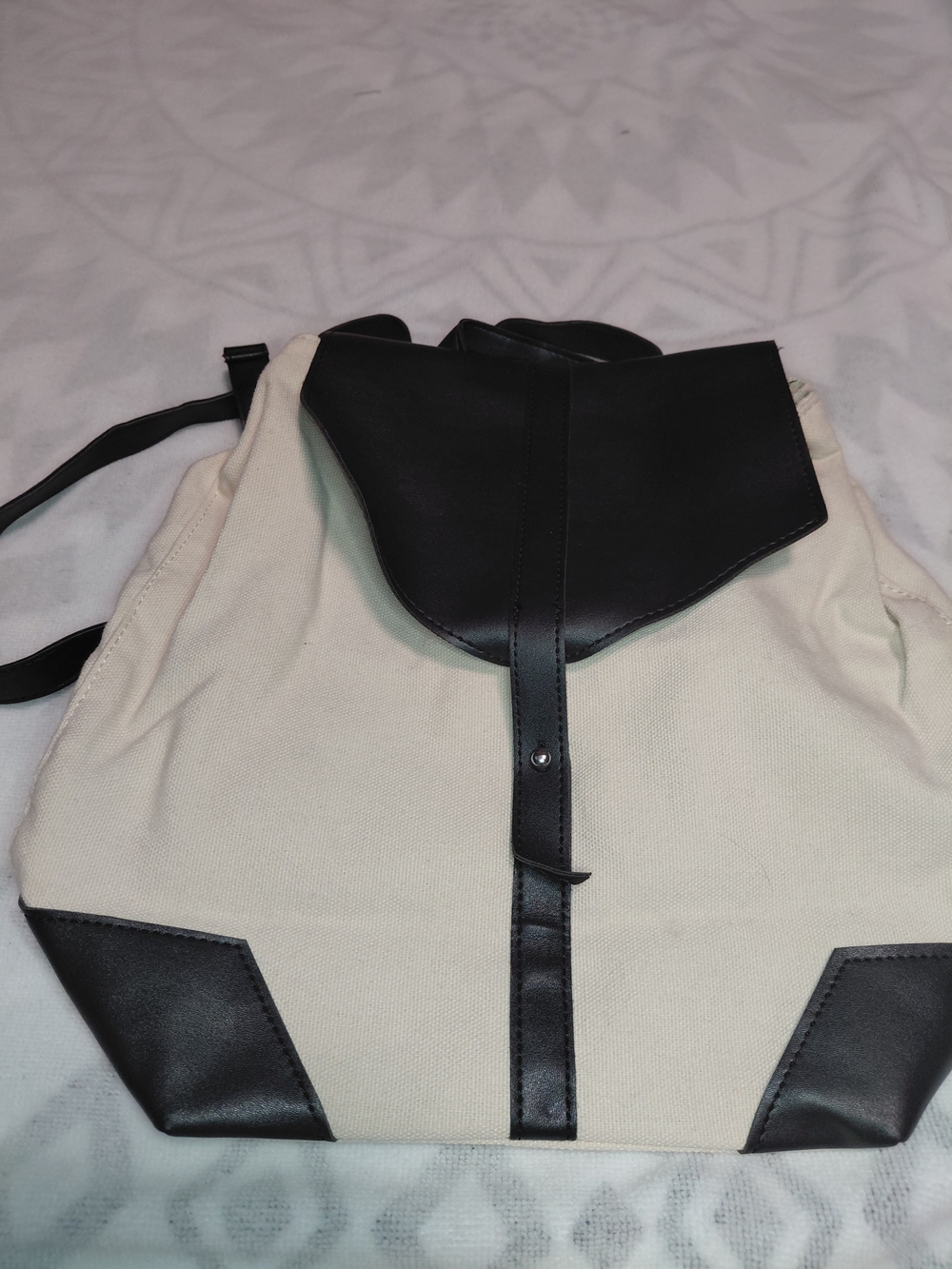 Duex Lux Canvas and Black Faux Leather Womens Mini Backpack - Beige/Black